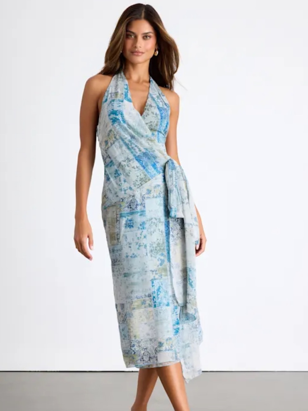 Lulus Francine Light Blue Multi Boho Print Halter Midi Dress